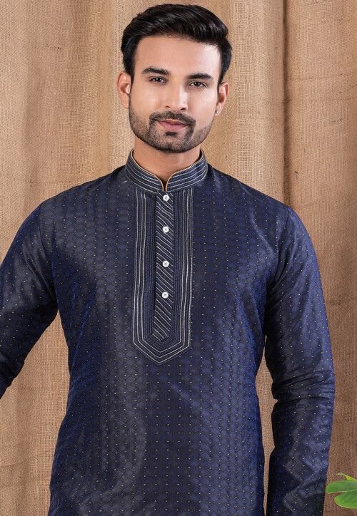 Embroidered Black Art Silk Jacquard Kurta Set - Rent