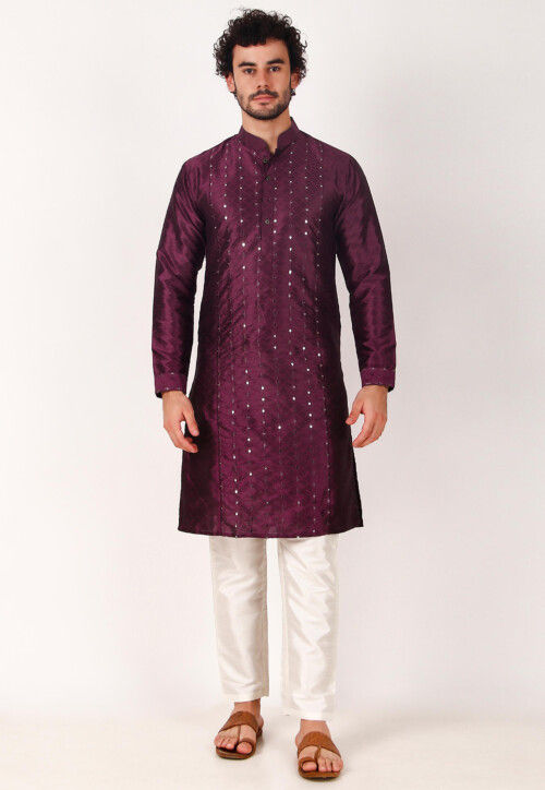Embroidered Art Silk Jacquard Kurta Set in Purple