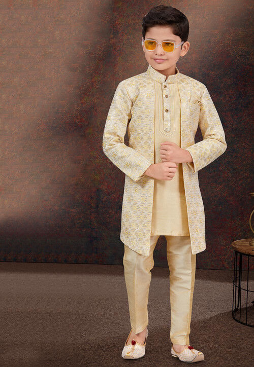 Embroidered Art Silk Jacquard Layered Sherwani in Beige and Cream