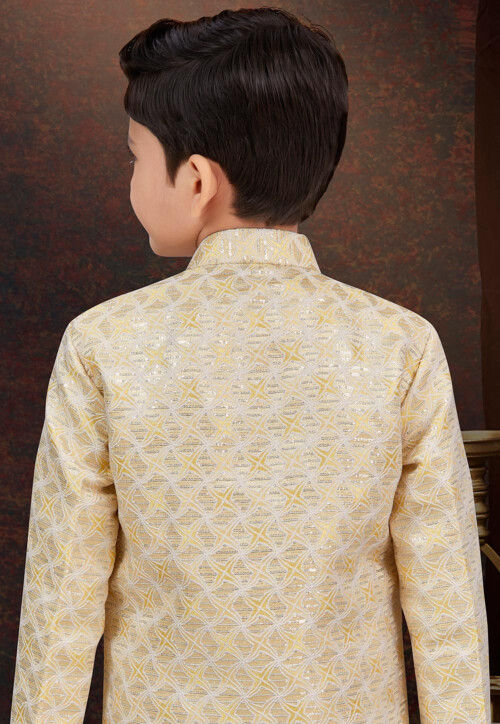 Embroidered Art Silk Jacquard Layered Sherwani in Beige and Cream