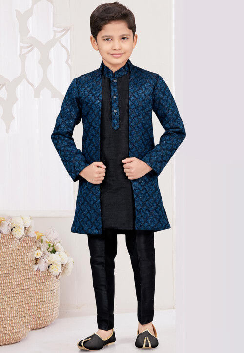 Embroidered Art Silk Jacquard Layered Sherwani in Blue and Black