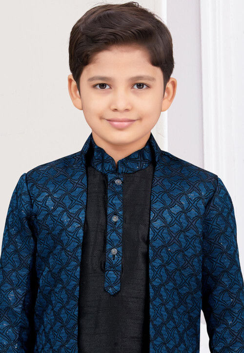 Embroidered Art Silk Jacquard Layered Sherwani in Blue and Black