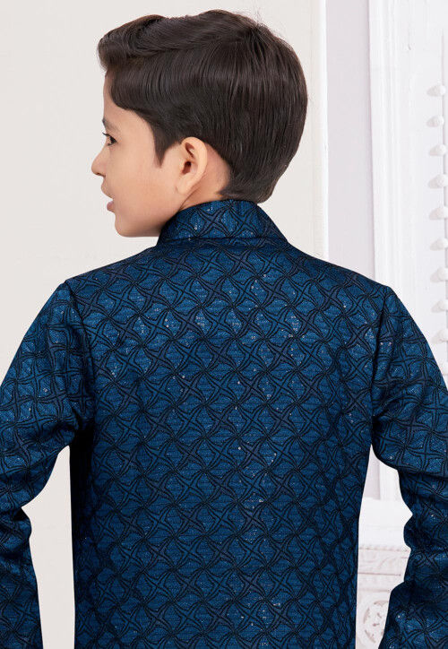 Embroidered Art Silk Jacquard Layered Sherwani in Blue and Black
