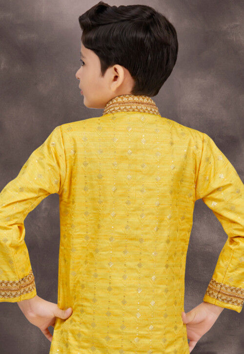Embroidered Art Silk Jacquard Layered Sherwani in Yellow