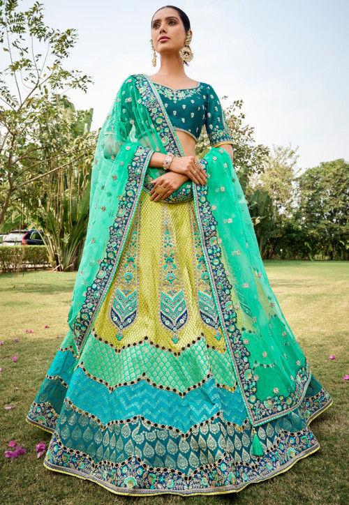 Embroidered Art Silk Jacquard Lehenga in Multicolor