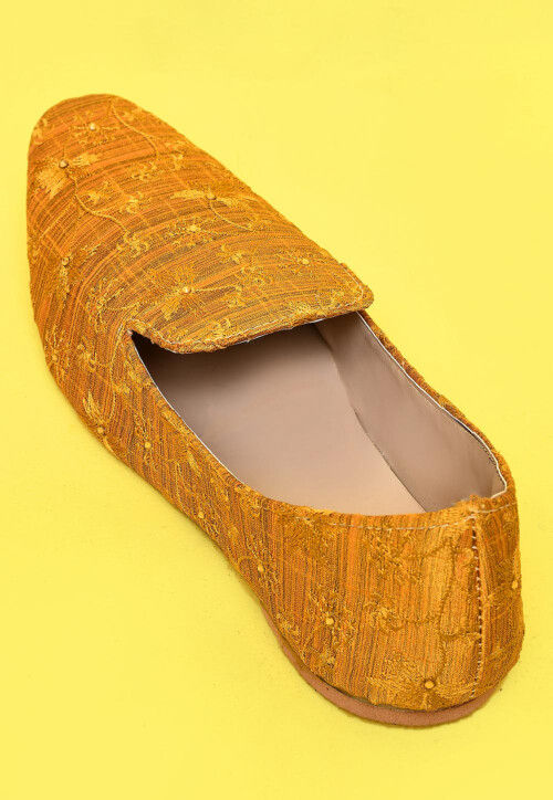 Embroidered Art Silk Jacquard Men Loafer in Yellow