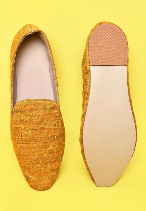Embroidered Art Silk Jacquard Men Loafer in Yellow