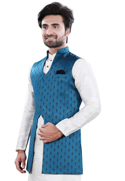 Embroidered Art Silk Jacquard Nehru Jacket in Blue