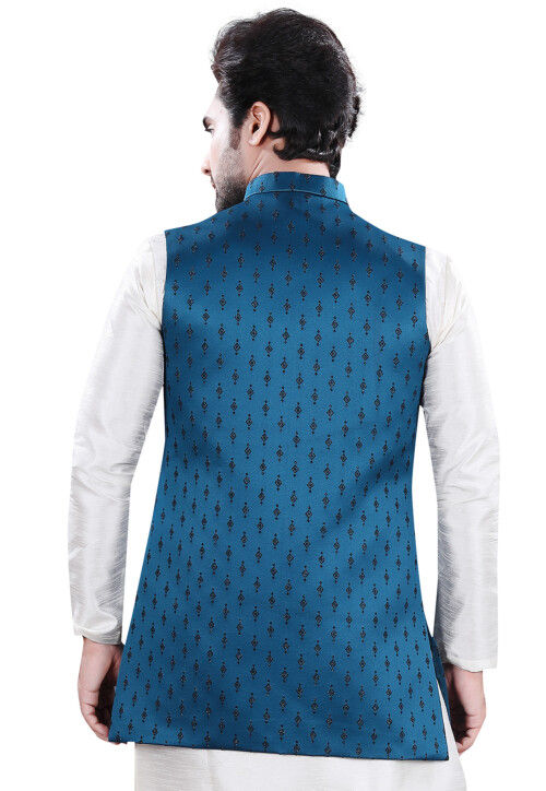 Embroidered Art Silk Jacquard Nehru Jacket in Blue