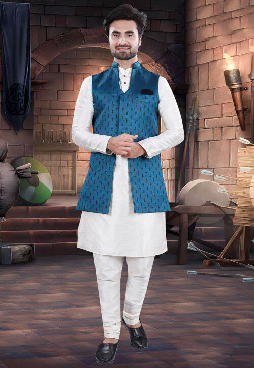 Embroidered Art Silk Jacquard Nehru Jacket in Blue