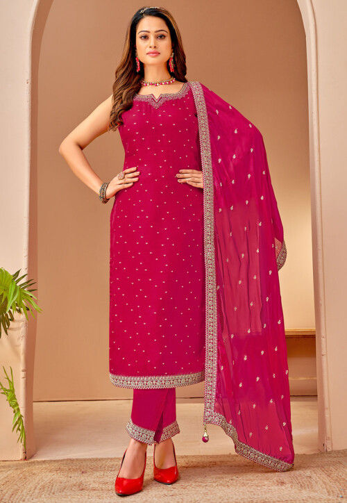 Embroidered Art Silk Jacquard Pakistani Suit in Fuchsia