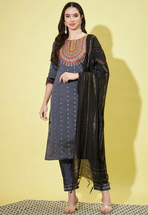 Embroidered Art Silk Jacquard Pakistani Suit in Grey