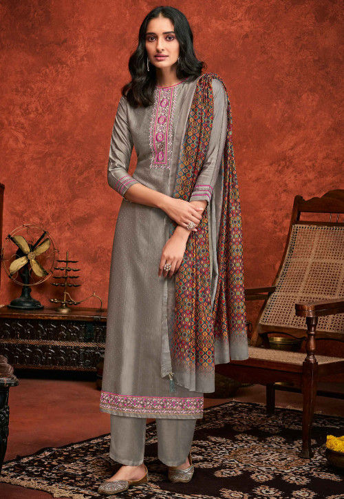 Embroidered Art Silk Jacquard Pakistani Suit in Grey : KCH8158