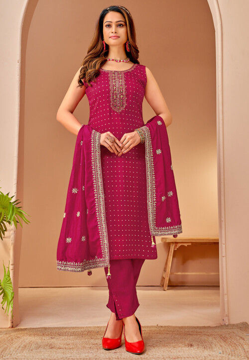 Embroidered Art Silk Jacquard Pakistani Suit in Magenta