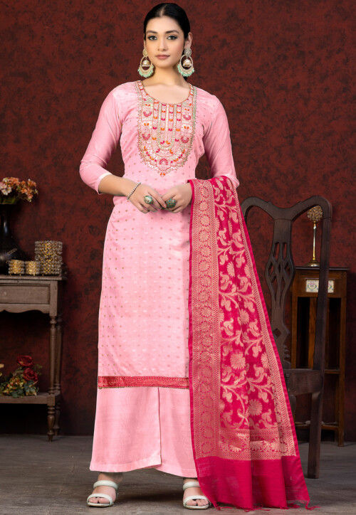 RE - Baby Pink Colored Faux Georgette Semi-Stiched Salwar Suit