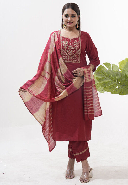 Embroidered Art Silk Jacquard Pakistani Suit in Red