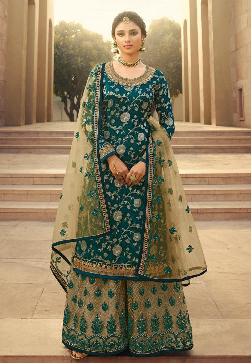 Embroidered Art Silk Jacquard Pakistani Suit in Teal Green : KCH6736