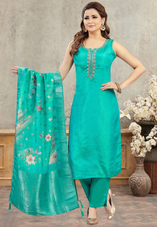 Embroidered Art Silk Jacquard Pakistani Suit in Teal Green