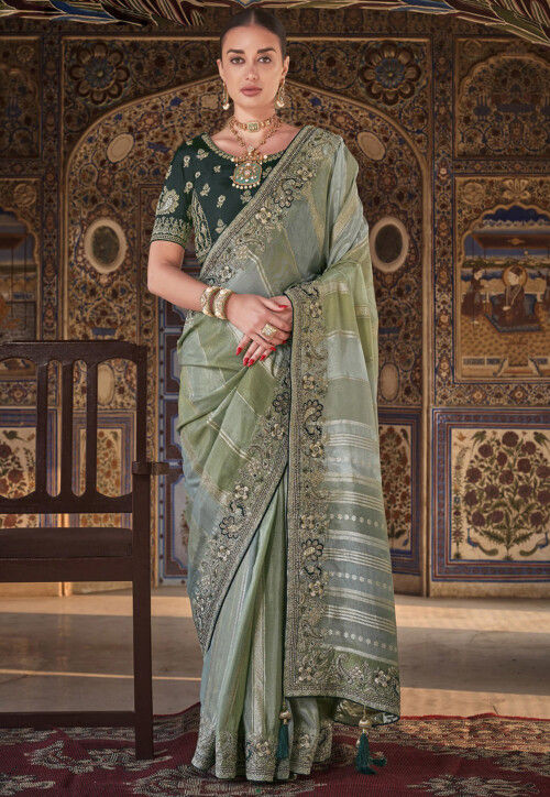 Embroidered Art Silk Jacquard Saree in Dusty Green