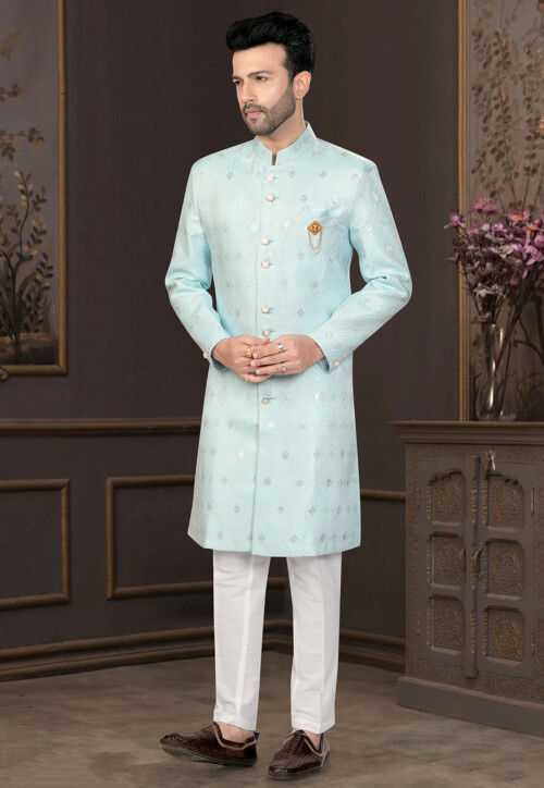 Embroidered Art Silk Jacquard Sherwani in Light Blue