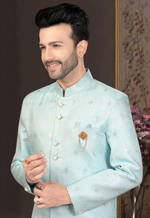 Embroidered Art Silk Jacquard Sherwani in Light Blue