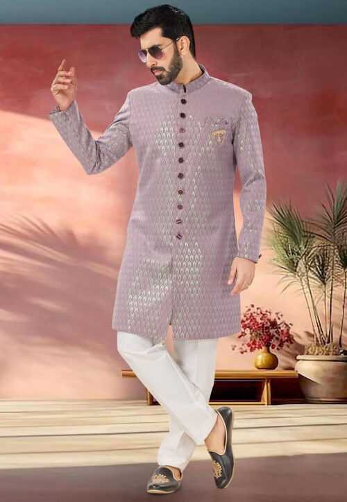 Embroidered Art Silk Jacquard Sherwani in Light Purple