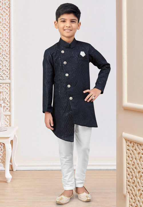 Embroidered Art Silk Jacquard Sherwani in Navy Blue