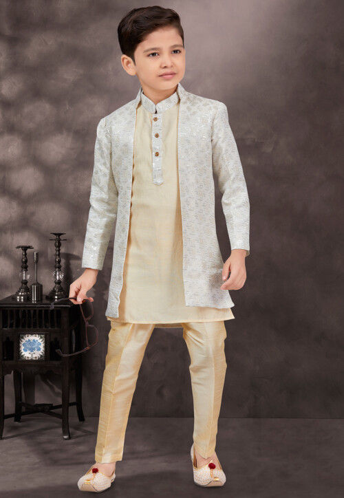 Embroidered Art Silk Kurta Set in Cream and Off White 