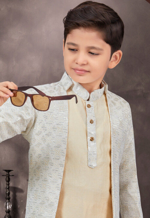 Embroidered Art Silk Kurta Set in Cream and Off White 