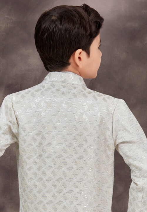 Embroidered Art Silk Kurta Set in Cream and Off White 