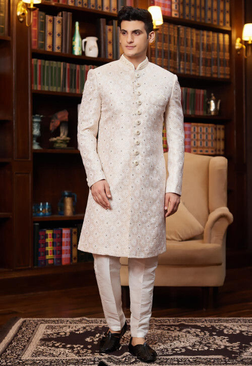 Embroidered Art Silk Jacquard Sherwani in Off White