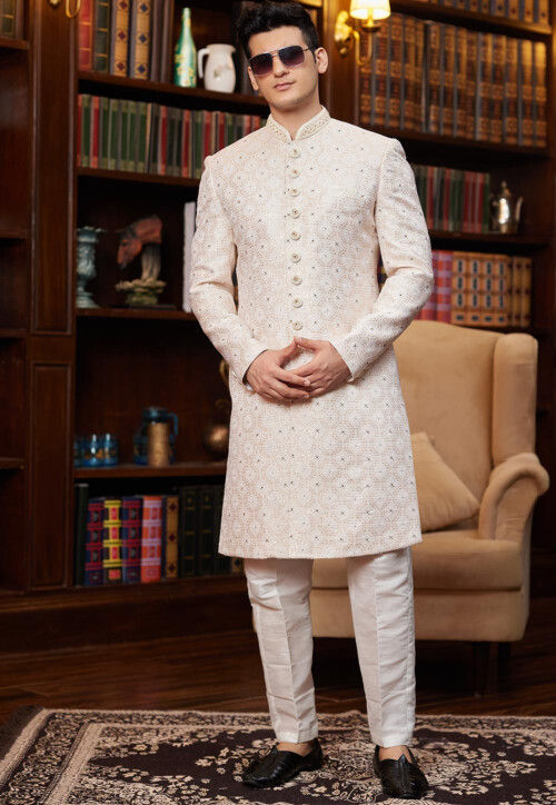 Embroidered Art Silk Jacquard Sherwani in Off White