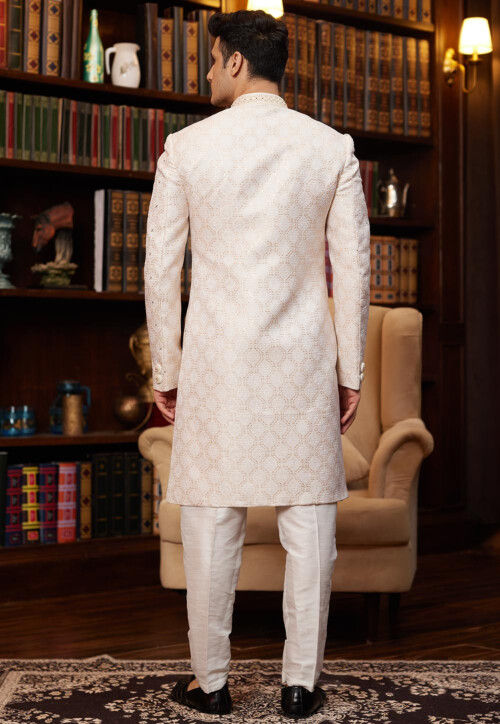 Embroidered Art Silk Jacquard Sherwani in Off White