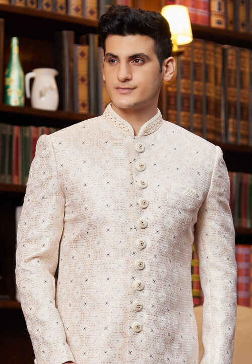 Embroidered Art Silk Jacquard Sherwani in Off White