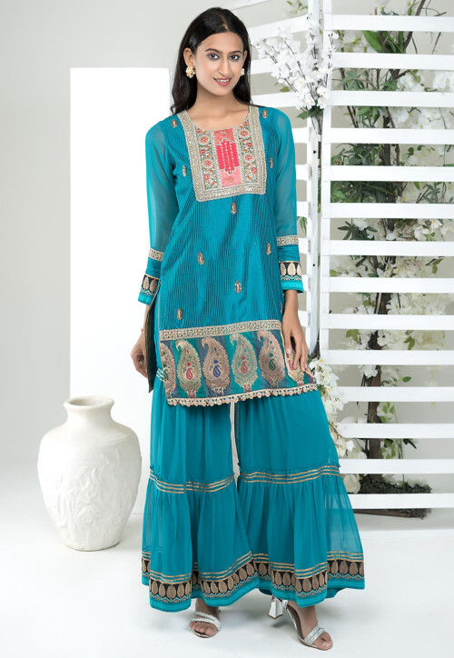 Embroidered Art Silk Jacquard Straight Kurta Set in Blue