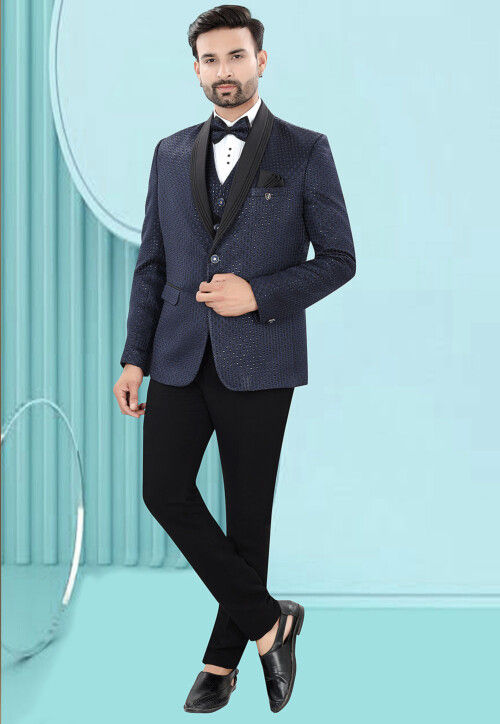 Embroidered Art Silk Jacquard Tuxedo in Blue
