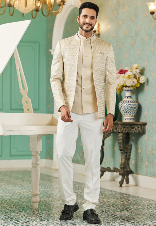 Embroidered Art Silk Jodhpuri Suit in Beige