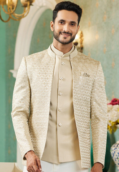 Embroidered Art Silk Jodhpuri Suit in Beige