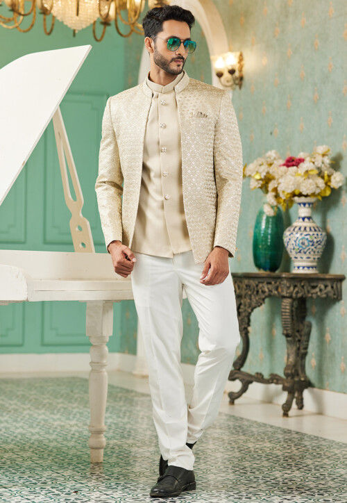 Embroidered Art Silk Jodhpuri Suit in Beige