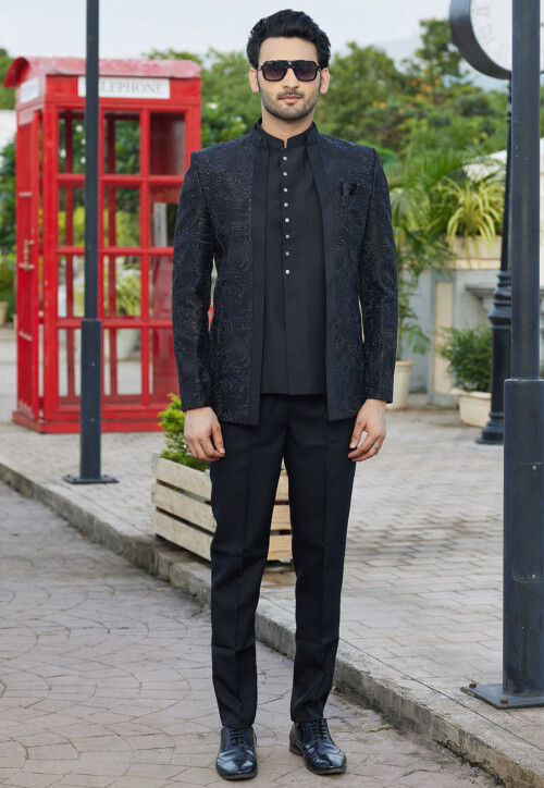 Buy Embroidered Art Silk Jodhpuri Suit in Black Online MLY2446