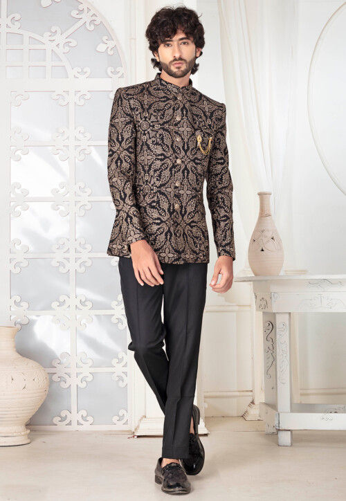 Embroidered Art Silk Jodhpuri Suit in Black