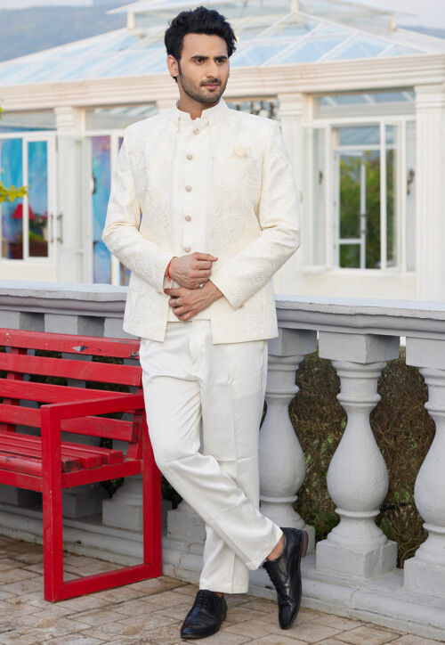 Embroidered Art Silk Jodhpuri Suit in Cream