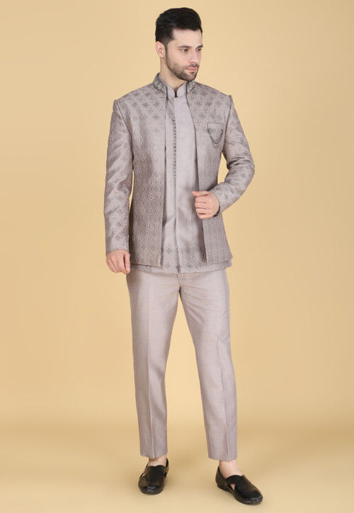Embroidered Art Silk Sherwani in Fawn