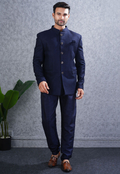 Embroidered Art Silk Jodhpuri Suit in Navy Blue