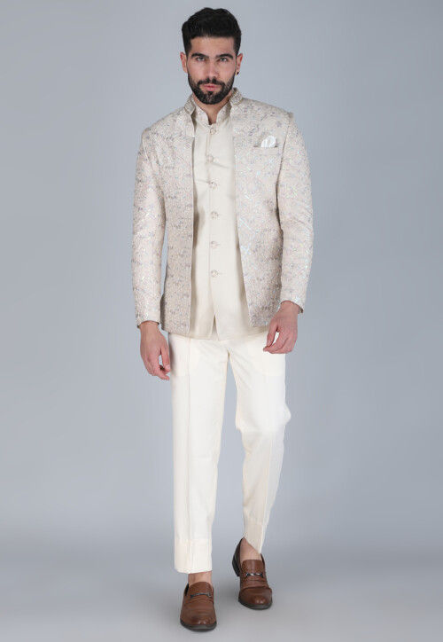 Embroidered Art Silk Sherwani in Off White