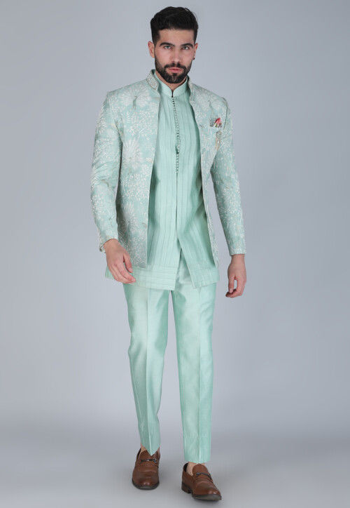 Embroidered Art Silk Sherwani in Sea Green