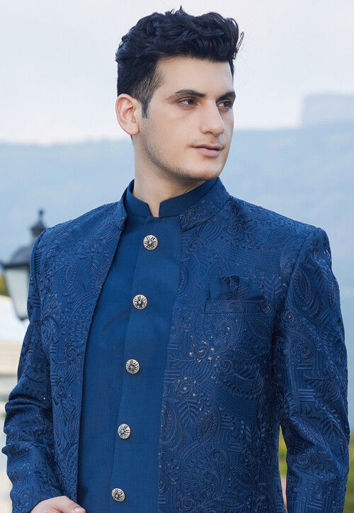 Cobalt Blue Raw Silk Jodhpuri Suit main image 0
