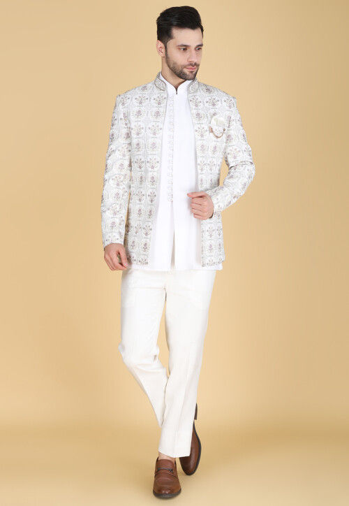 Embroidered Art Silk Sherwani in White