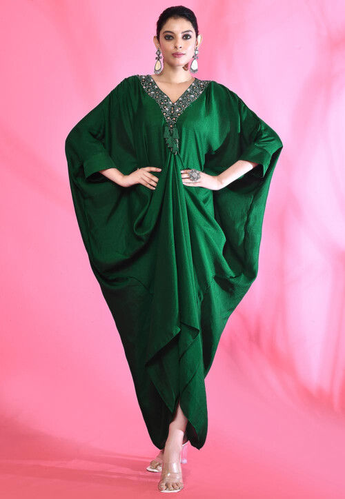 Buy Embroidered Art Silk Kaftan Style Dress in Green Online