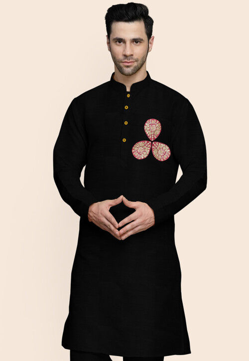 Embroidered Art Silk Kurta in Black